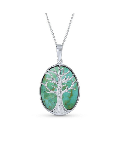 Blue Turquoise Large Oval Wishing Tree Family Tree Of Life Pendant Necklace Western Jewelry For Women .925 Sterling Silver