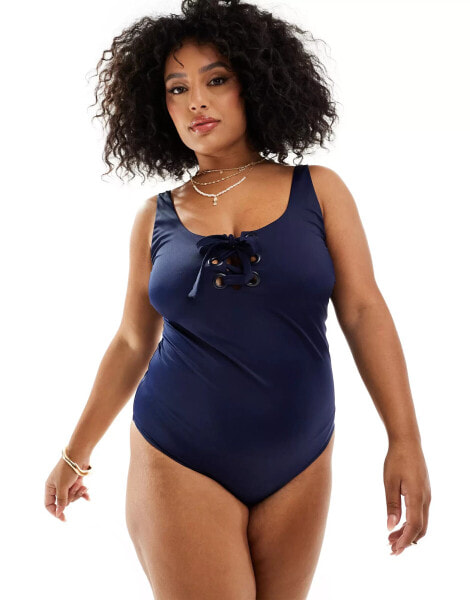 ASOS DESIGN Curve Sloane eyelet detail swimsuit in navy