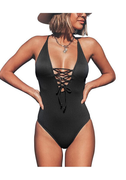 Women's Solid Color V Neck Lace Up One Piece Swimsuit