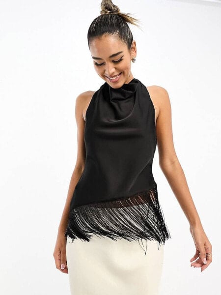 Pretty Lavish high neck fringe satin crop top in black