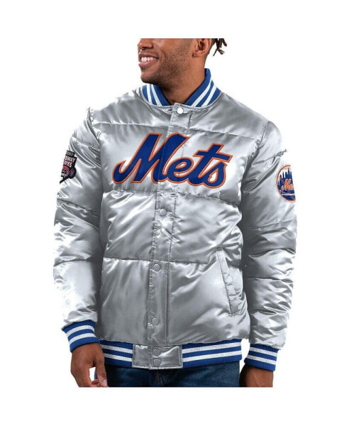 Men's Silver New York Mets Bronx Satin Full-Snap Varsity Bomber Jacket