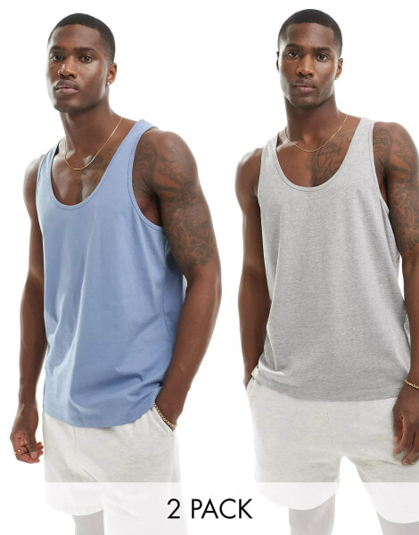 ASOS DESIGN 2 pack vests in grey marl and mid blue