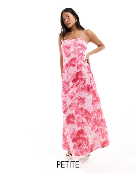 Vero Moda Petite satin square neck maxi slip dress in pink daisy print