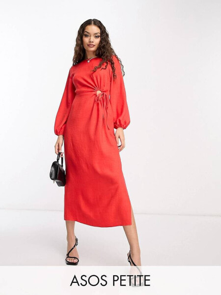 ASOS DESIGN Petite cut out waist long sleeve midi dress in coral