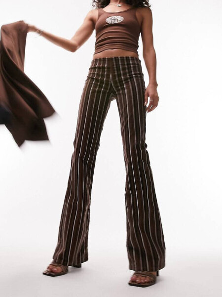 Topshop stripe print low rise cord flare trouser in chocolate