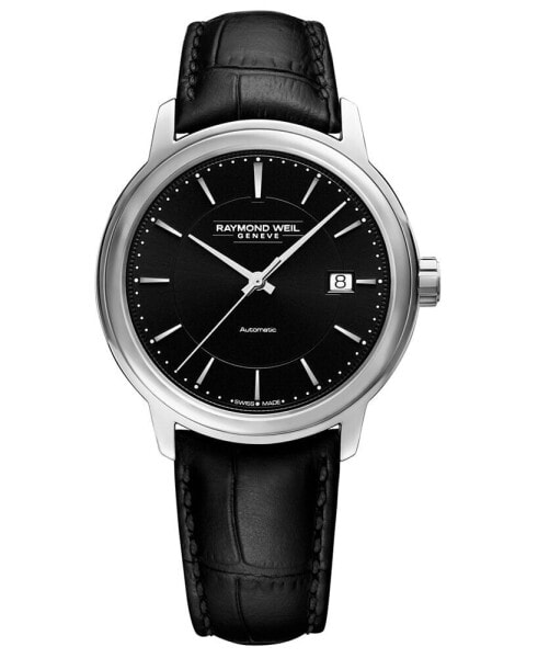 Men's Swiss Automatic Maestro Black Leather Strap Watch 40mm