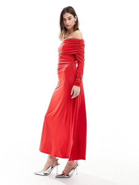 Monki long sleeve off the shoulder full length midi dress in red