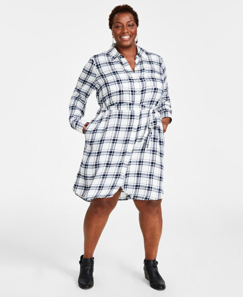 Plus Size Plaid Long-Sleeve Shirtdress, Created for Macy's