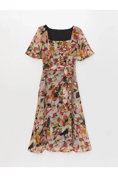 Lcwaıkıkı Classic Kare Yaka Çiçekli Kısa Kollu Şifon Kadın Elbise
