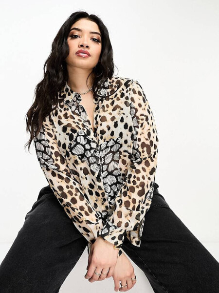 ASOS DESIGN Curve long sleeve soft shirt in mixed animal scarf print