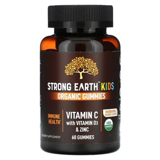Strong Earth Kids Organic Gummies, Vitamin C with Vitamin D3 & Zinc, Mandarin & Orange, 60 Gummies