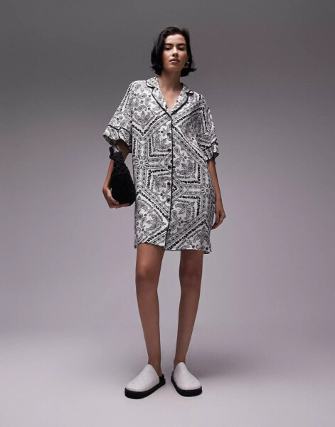 Topshop souvenir mini shirt dress in mono bandana print