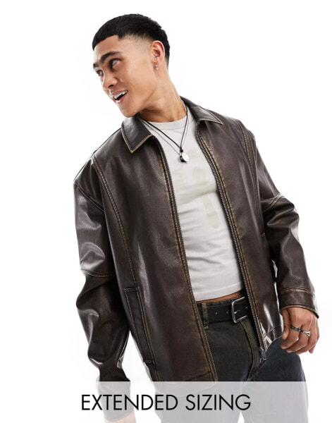 ASOS DESIGN oversized faux leather harrington jacket in brown