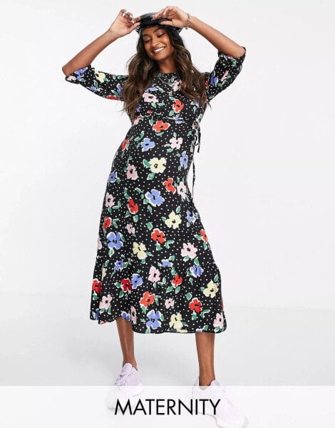 Nobody's Child Maternity puff sleeve midi dress in polka dot floral