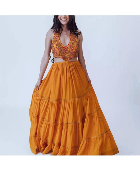 Women's Hand Embroidered Tiered Yellow Gown with Cutouts