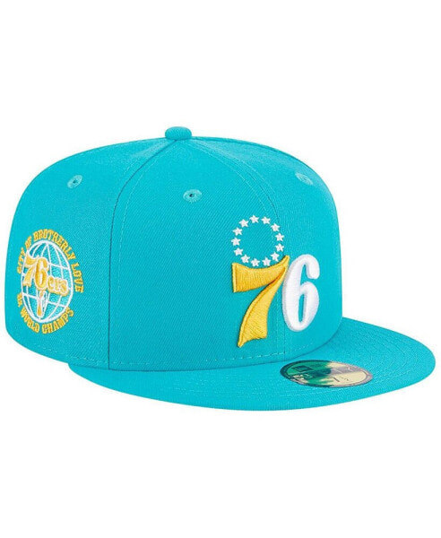 Men's Turquoise Philadelphia 76ers 3-Time Champions Breeze Grilled Yellow Undervisor 59FIFTY Fitted Hat