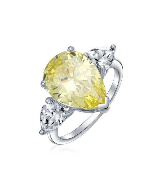 Bridal Wedding 7CT Canary Yellow CZ Pear Shaped Brilliant Cut Solitaire Teardrop Engagement Ring Sterling Silver Cubic Zirconia Trillion Side Stones