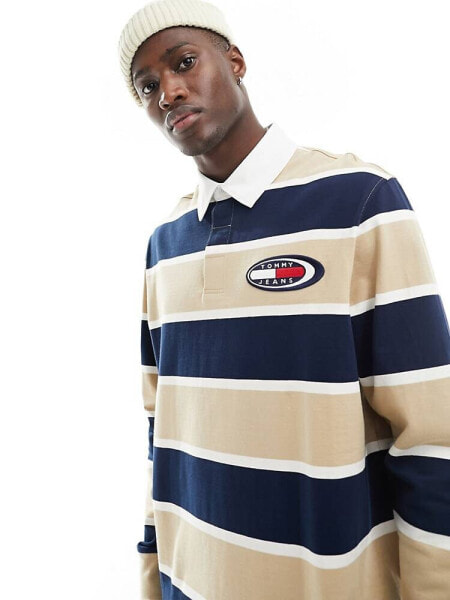 Tommy Jeans archive stripe rugby shirt in sand