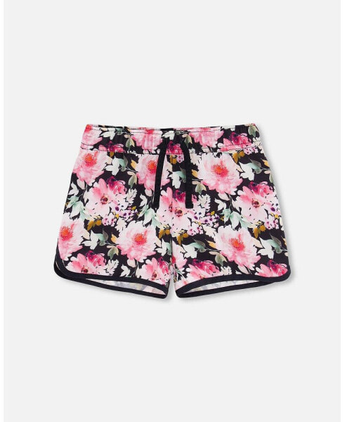 Girl Athletic Shorts Black Printed Big Flowers - Child