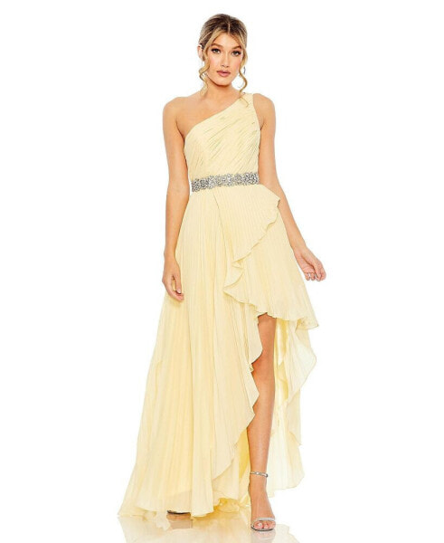 Women's Pleated One Shoulder Asymmetrical Ruffle Hem Gown