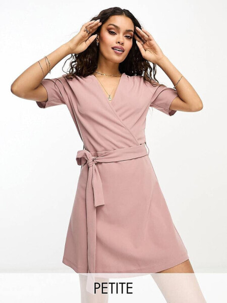 JDY Petite belted wrap mini dress in pink