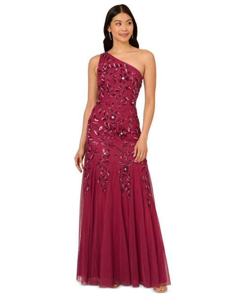 Women's One-Shoulder Beaded Evening Gown