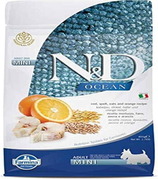 Farmina N&D OCEAN Adult Mini Pellets Hundefutter (Trockenfutter, mit hochwertigen Vitaminen und natürliche Antioxidantien, ohne Mais, Zutaten: Kabeljau, Dinkel, Hafer und Orange, Portionsgröße: 800 g)