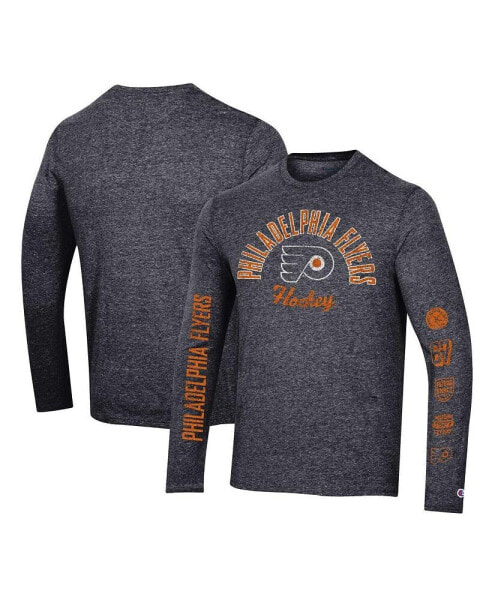 Men's Heather Black Distressed Philadelphia Flyers Multi-Logo Tri-Blend Long Sleeve T-shirt