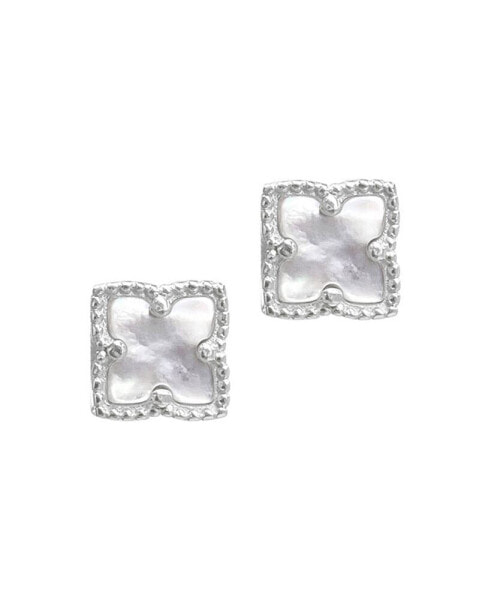 Silver Plated Flower White Imitation Mother of Pearl Stud Earrings