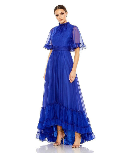 Women's Ruffled High Neck Flutter Sleeve High Low Hem Gown