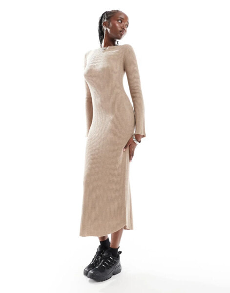 COLLUSION slash neck maxi dress in taupe