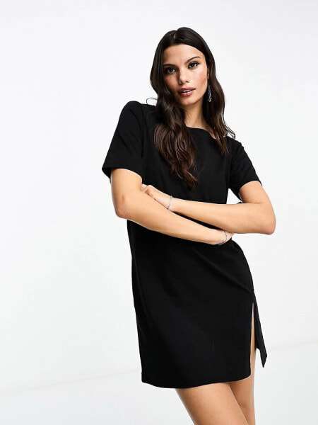 ASOS DESIGN slash neck off shoulder boxy t shirt dress in black