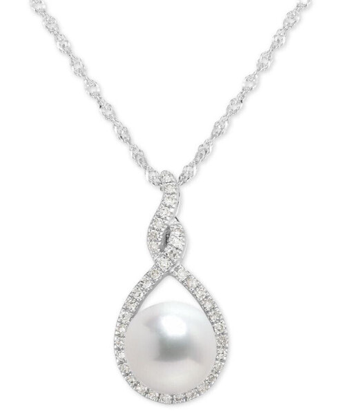 Cultured Freshwater Pearl (7mm) & Diamond (1/10 ct. t.w.) Pendant Necklace in 14k White Gold, 16" + 2" extender