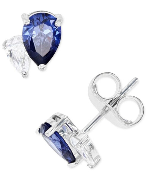 Blue and White Cubic Zirconia Stud Earrings in Sterling Silver or 14k Gold over Sterling Silver