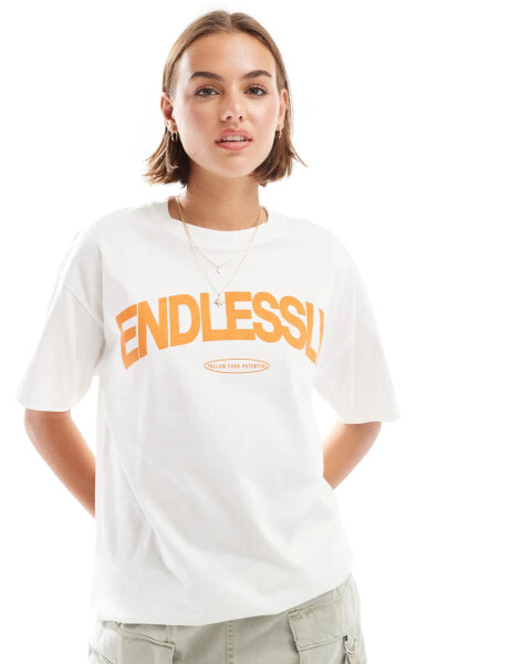 Pull&Bear oversized 'Endlessly' print t-shirt in ecru