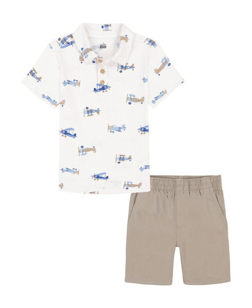 Little Boys Short Sleeve Printed Slub Polo Shirt and Twill Shorts, 2 Piece Set