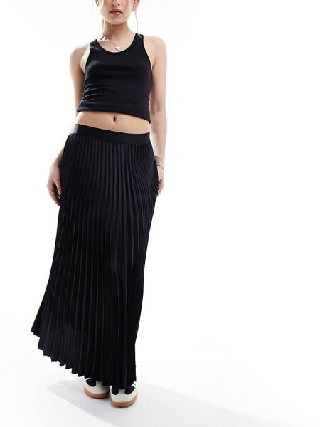 Y.A.S satin pleated midi skirt in black 