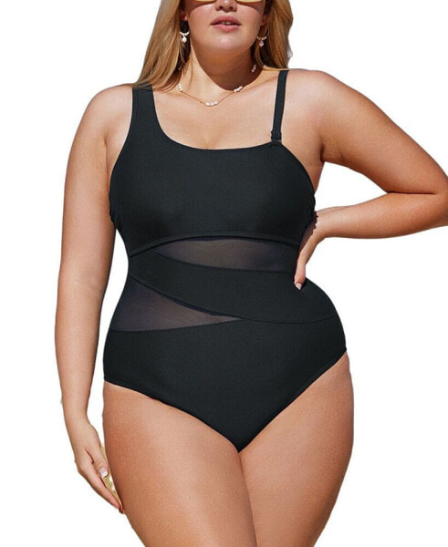 Plus Size Dreamscapes Mesh One-Shoulder One Piece Swimsuit