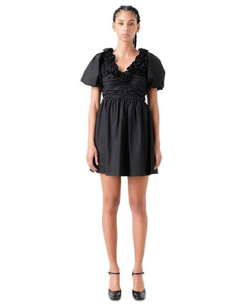 Women's Rosette Puff-Sleeve Mini Dress