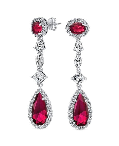 Art Deco Wedding Simulated Red Ruby AAA Cubic Zirconia Halo Long Pear Solitaire Teardrop CZ Statement Dangle Chandelier Earrings Pageant Bridal Party
