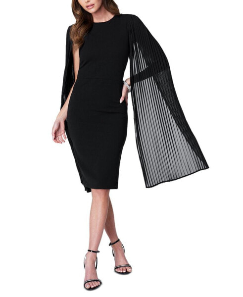 Pleated Cape-Sleeve Fitted Midi Dress