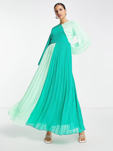 ASOS DESIGN dobby pleated maxi dress in green colourblock