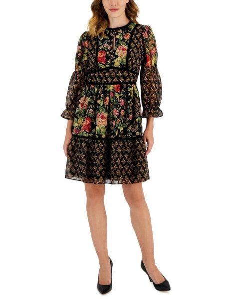 Women's Mixed-Print Velvet-Trim 3/4-Sleeve Dress