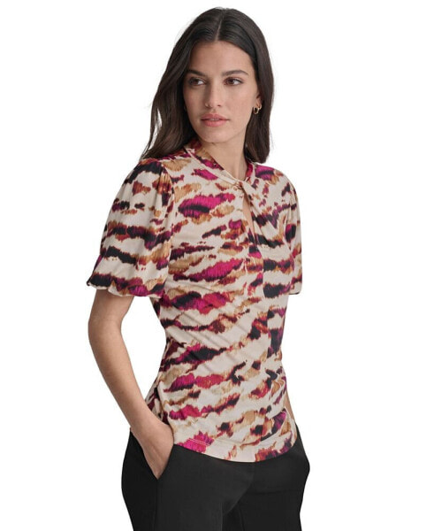 Women's Printed Balloon-Sleeve Twist-Neck Top