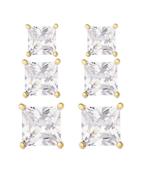 3 Pairs Square Cubic Zirconia Stud Set