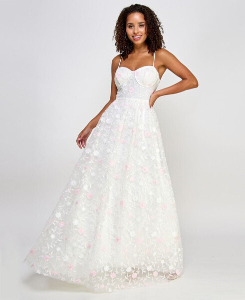Juniors' Floral Embroidered Tulle Bustier Gown, Created for Macy's