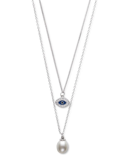 Belle de Mer cultured Freshwater Pearl (8mm) & Cubic Zirconia & Enamel Evil Eye Layered Necklace in Sterling Silver, 16" + 1" extender
