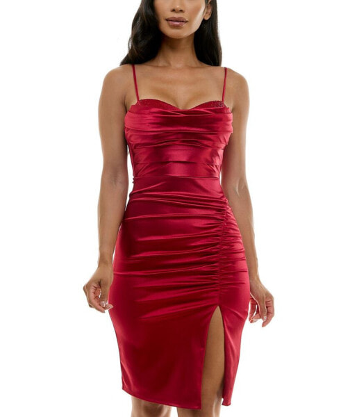 Juniors' Ruched Beaded Sweetheart Bodycon Dress