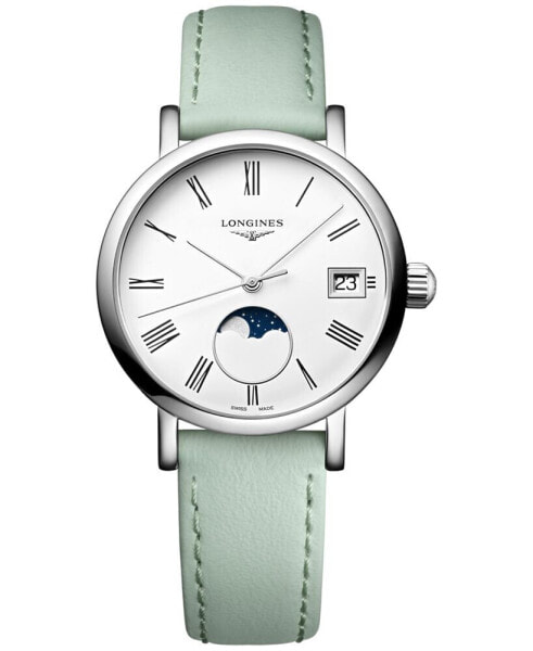 Women's Swiss Elegant Moonphase Green Leather Strap Watch 30mm