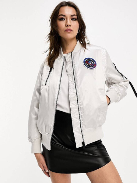 AllSaints Echo metallic zip through bomber jacket in silver